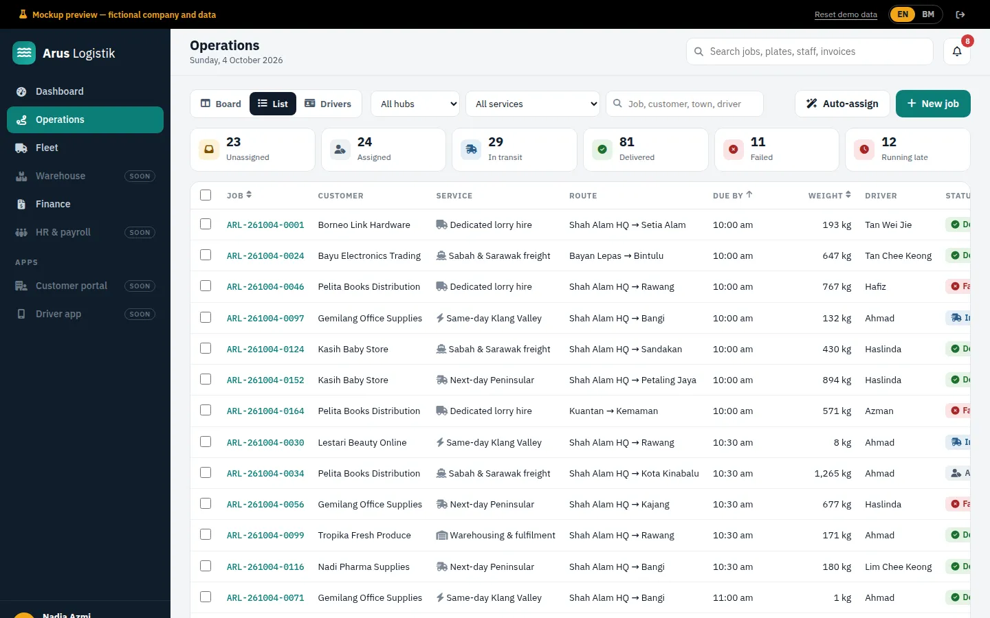 Operations job list with bulk assign