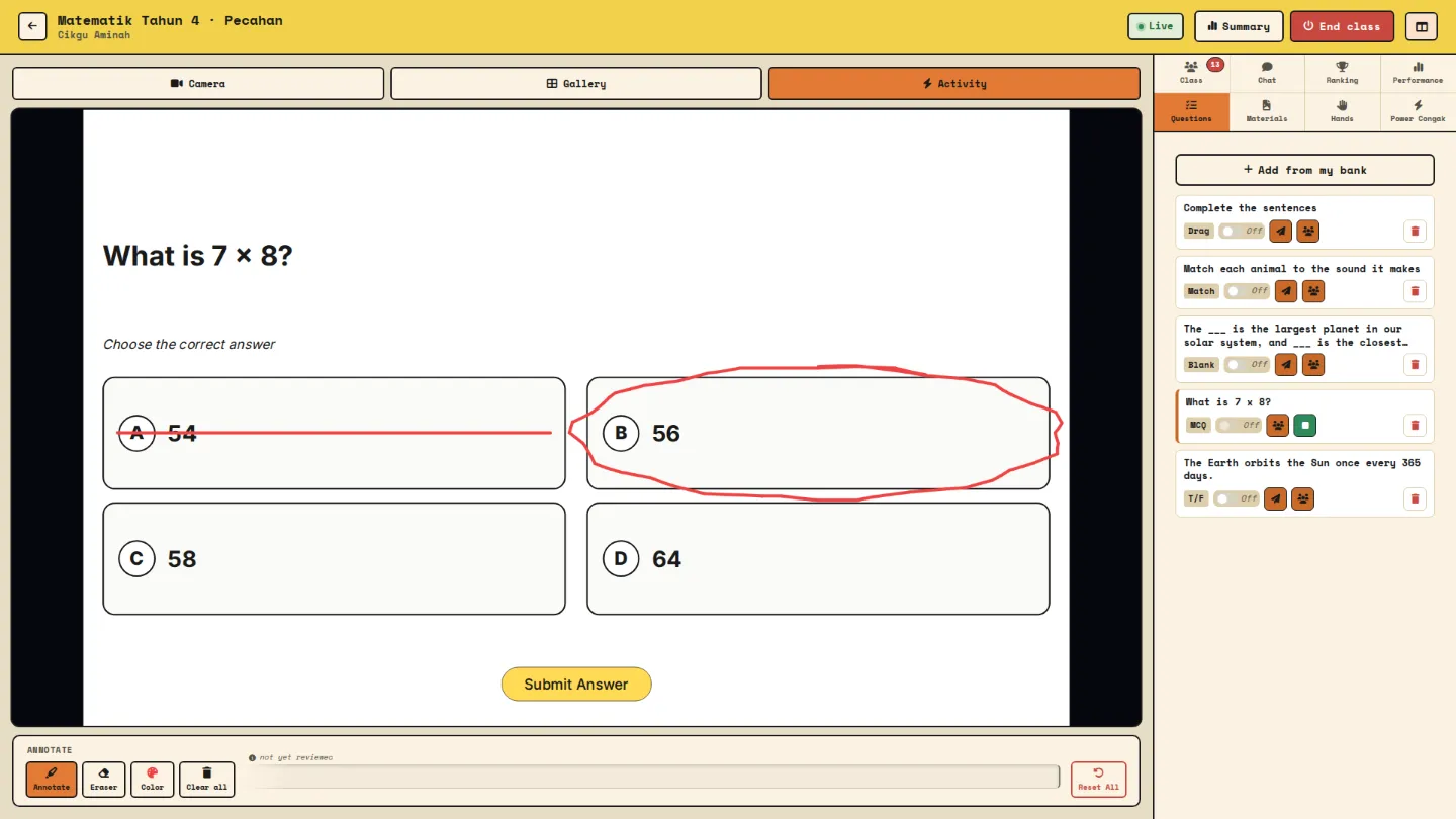 A multiple-choice question pushed live, with the teacher's annotation circling the right answer
