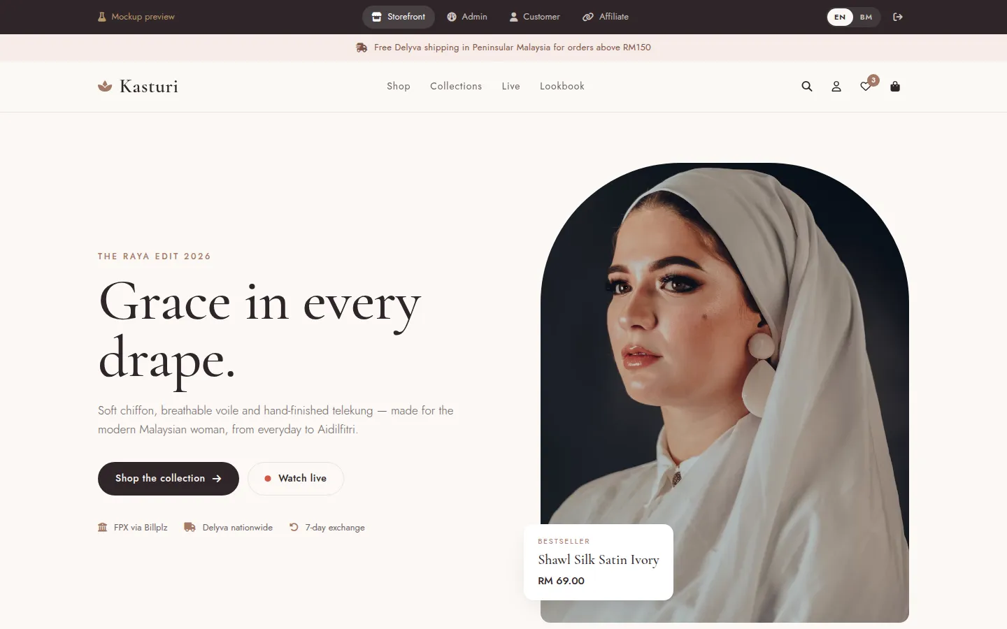 Kasturi storefront: 'Grace in every drape' with a model in a white shawl