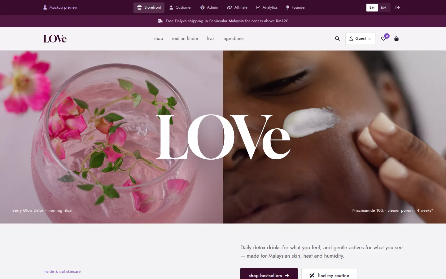 LOVe skincare storefront: a split hero of rose water and skin with the LOVe wordmark