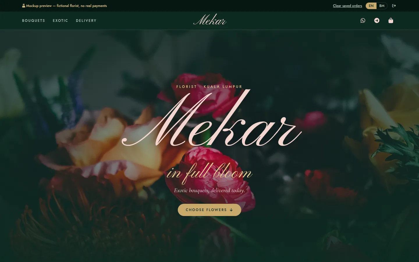 Mekar florist landing page: the Mekar script wordmark over a dark exotic bouquet