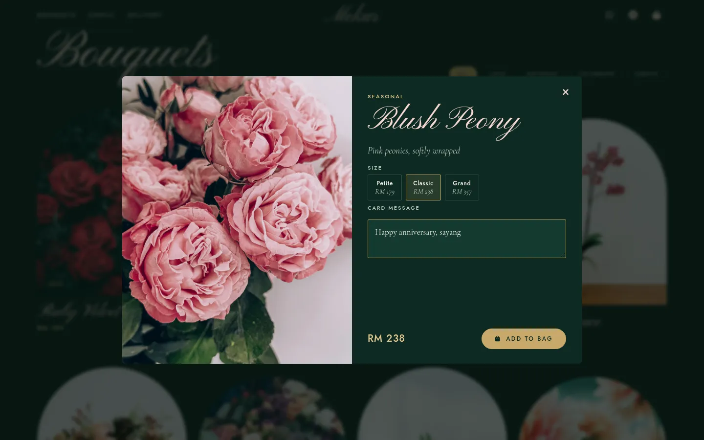 Bouquet dialog with sizes and a card message