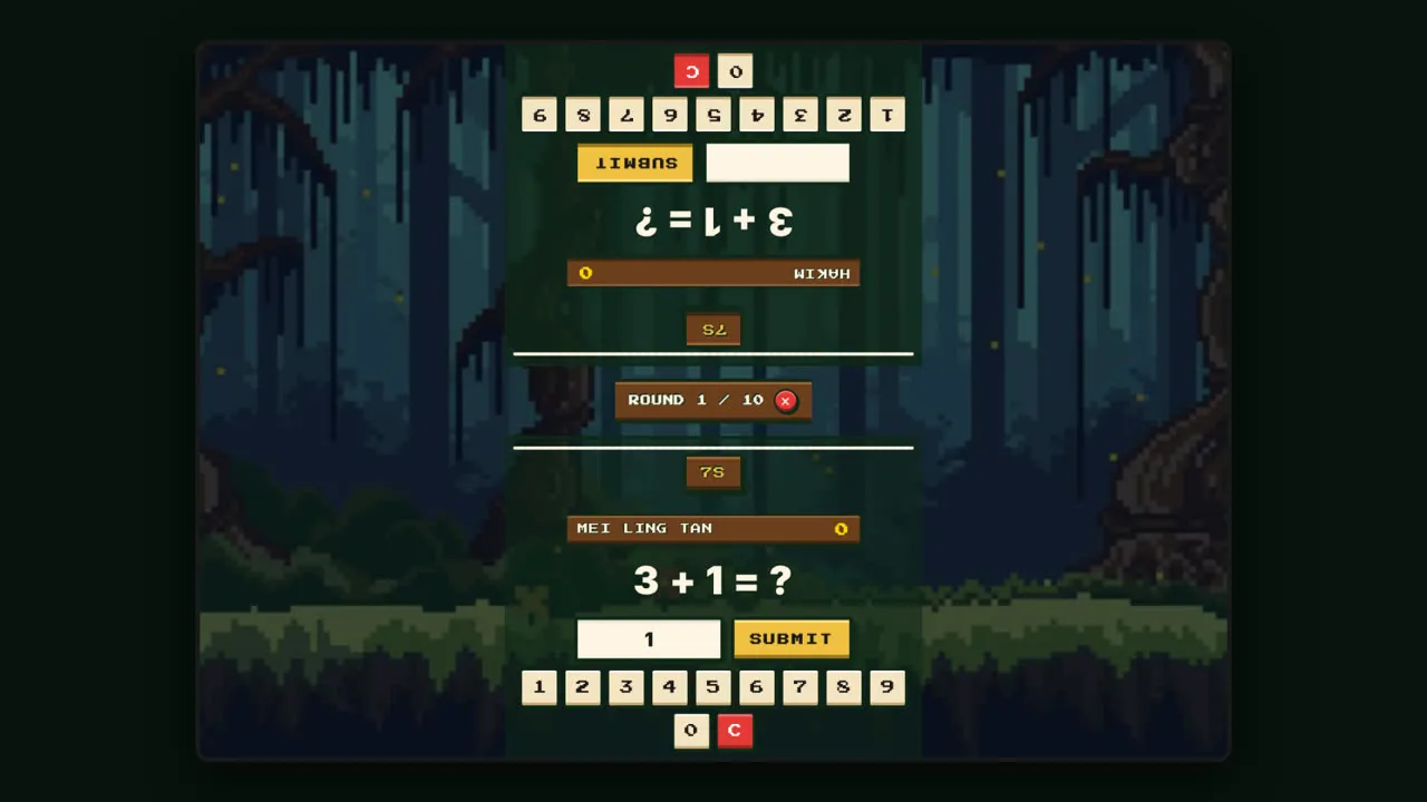 Duel mode on one screen: two players face each other, each with their own number pad