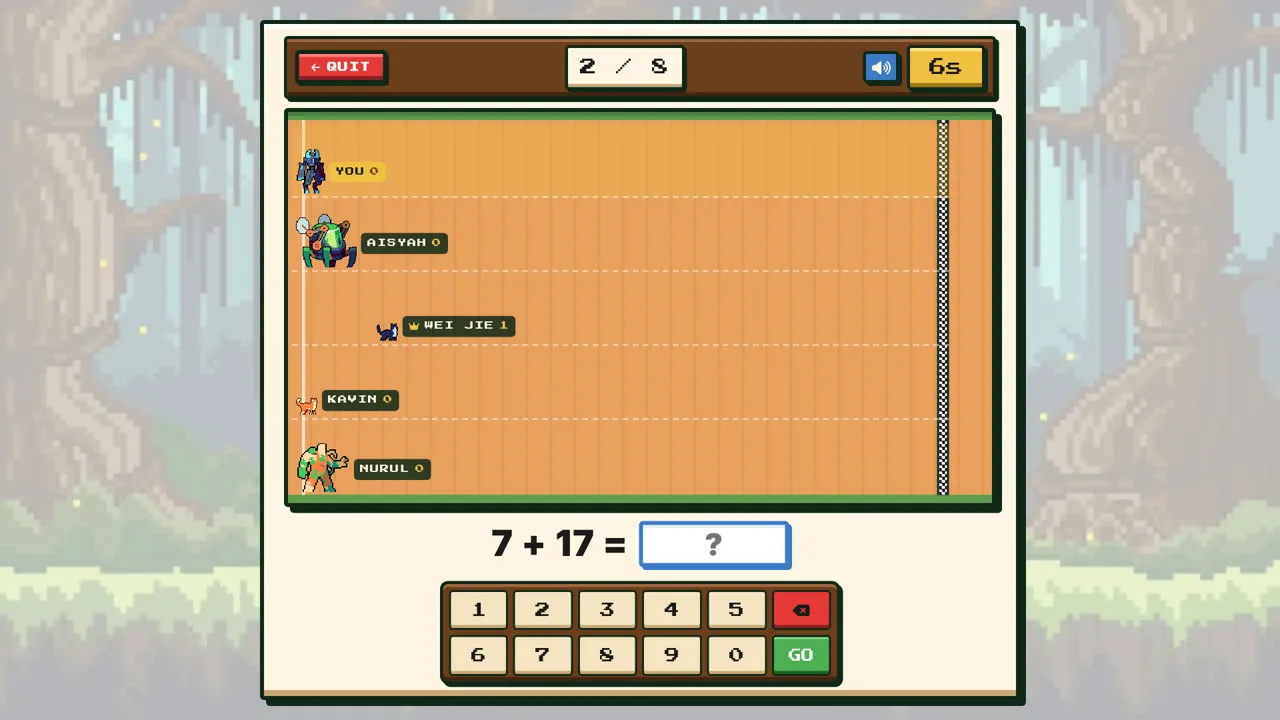 Race mode: five players on a track, the sum 7 + 17 and a number pad