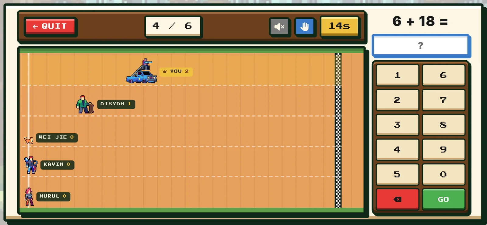 Power Congak race on a phone in landscape: pixel-art runners move forward as players answer sums on a number pad