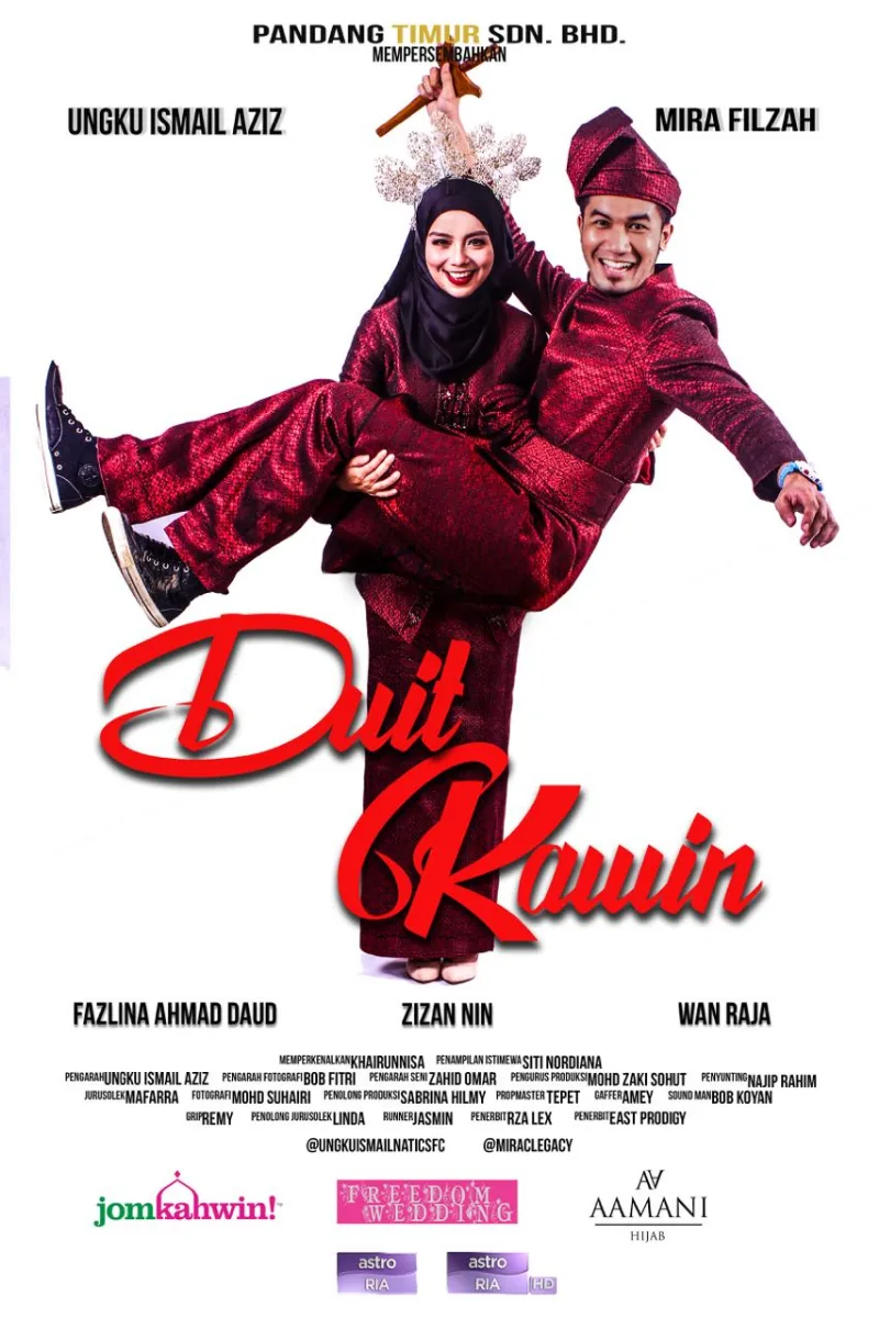 Duit Kawin poster: a groom in red songket carrying his laughing bride