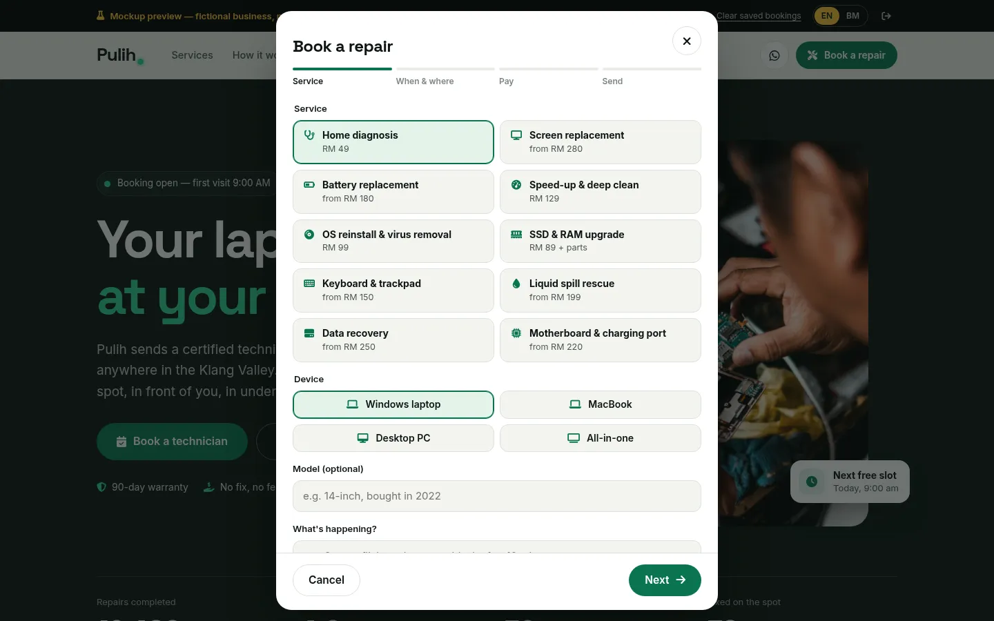 Booking dialog: service and device step