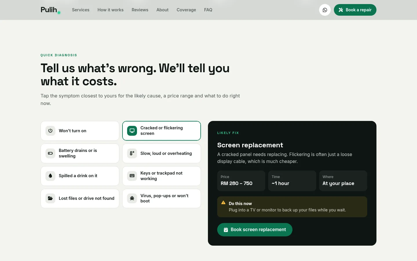 Quick diagnosis: pick a symptom, see the likely fix, price and time
