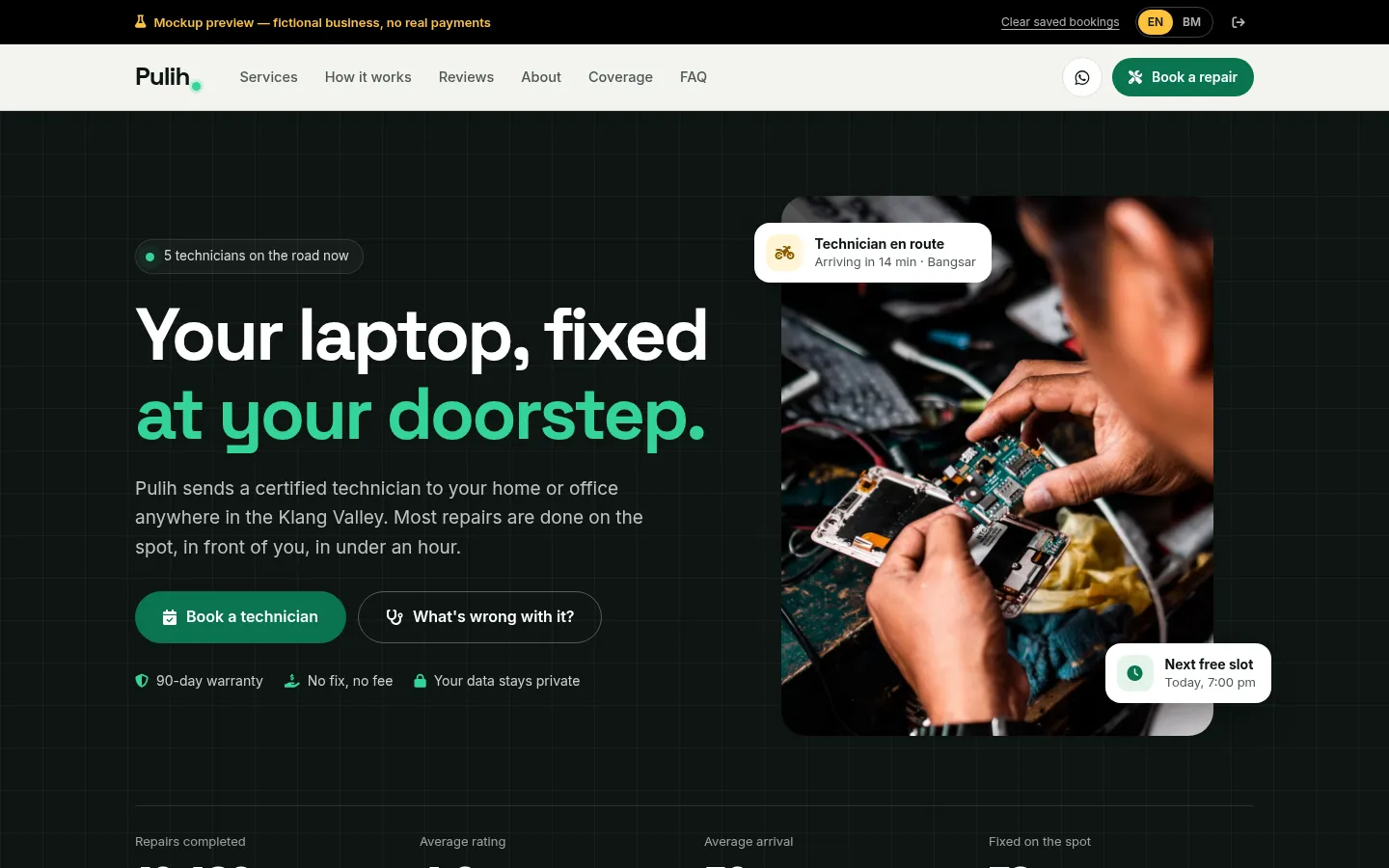 Pulih landing page for laptop and PC repair that comes to you