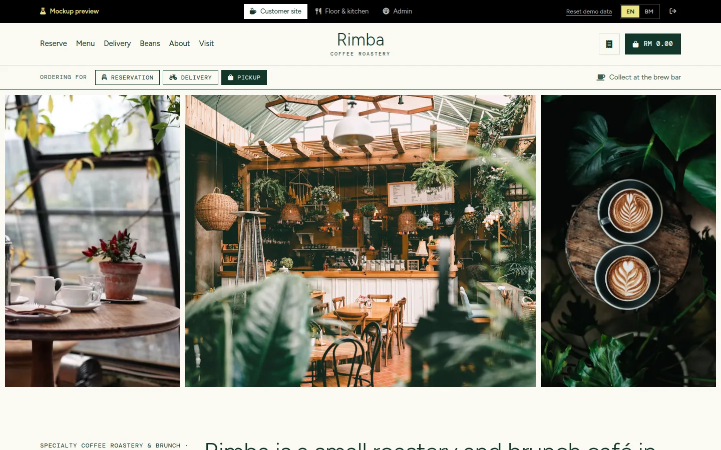 Rimba Roastery front page: three café photos under the Rimba wordmark and ordering bar
