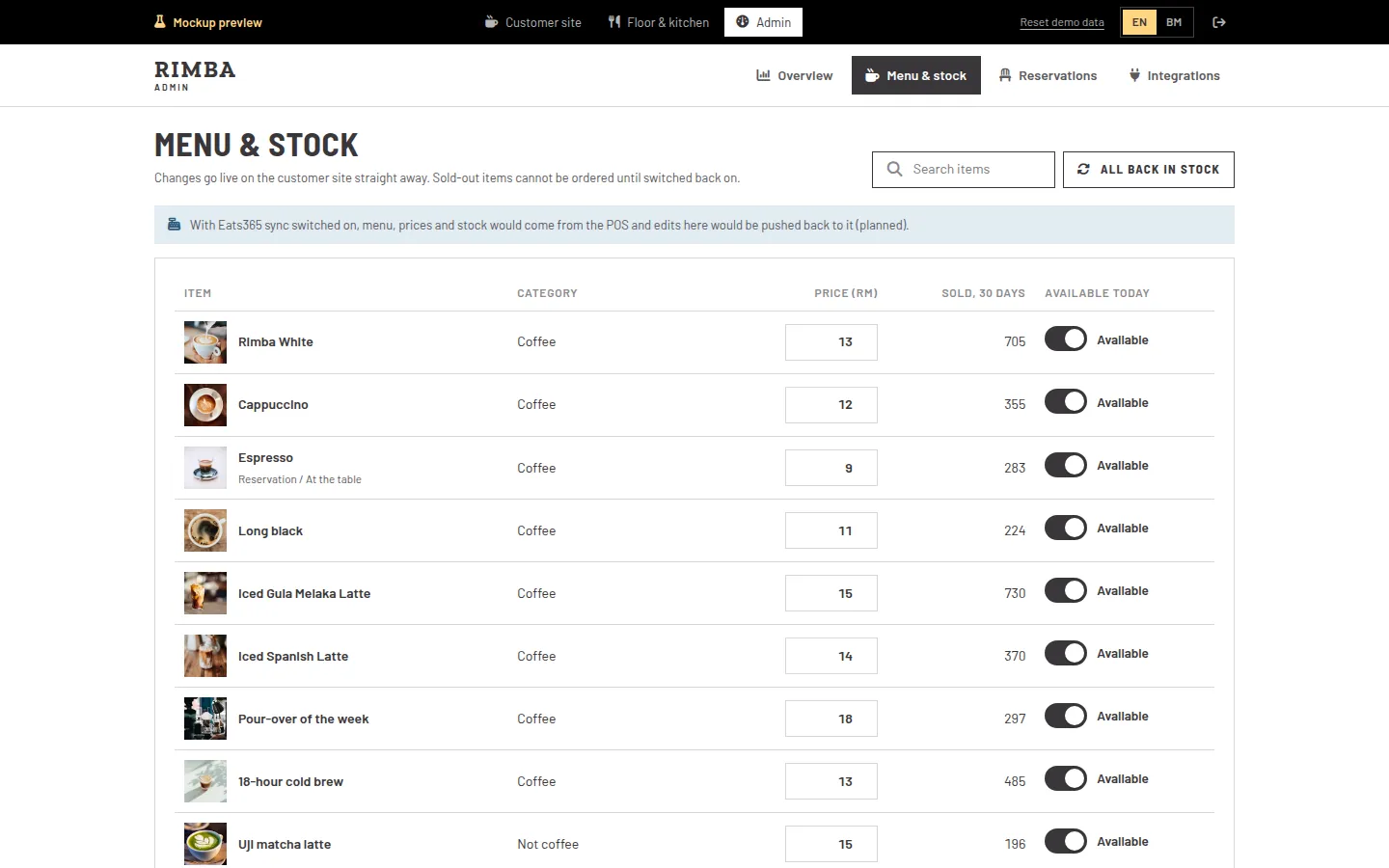 Admin menu editor with prices and sold-out switches