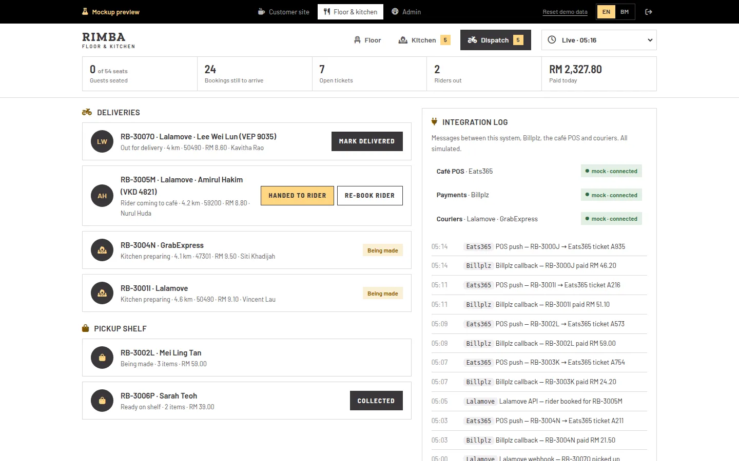 Dispatch screen with riders, pickup shelf and courier log