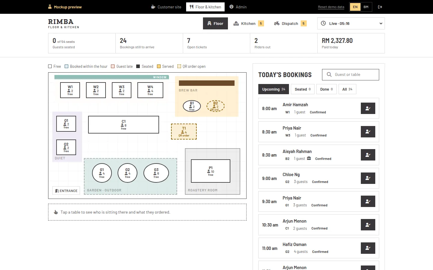 Staff floor screen: live table map beside today's bookings