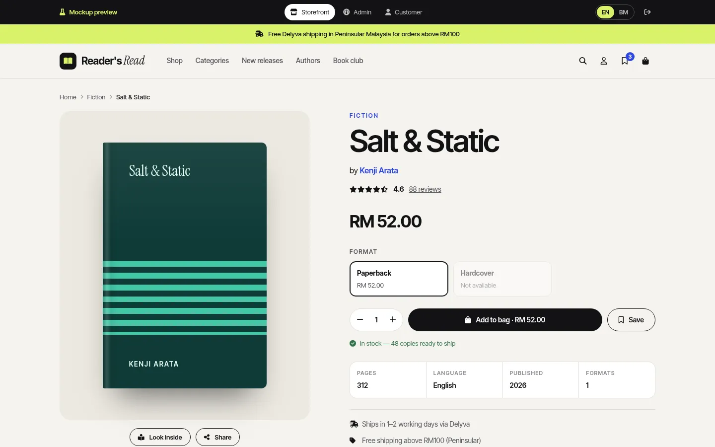 Book detail page for Salt & Static with formats and stock