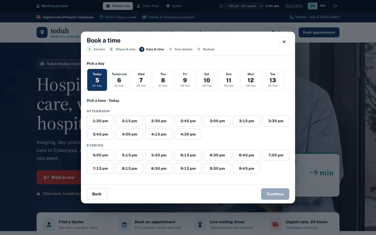 Booking step with a 14-day strip and free times grouped by morning, afternoon and evening
