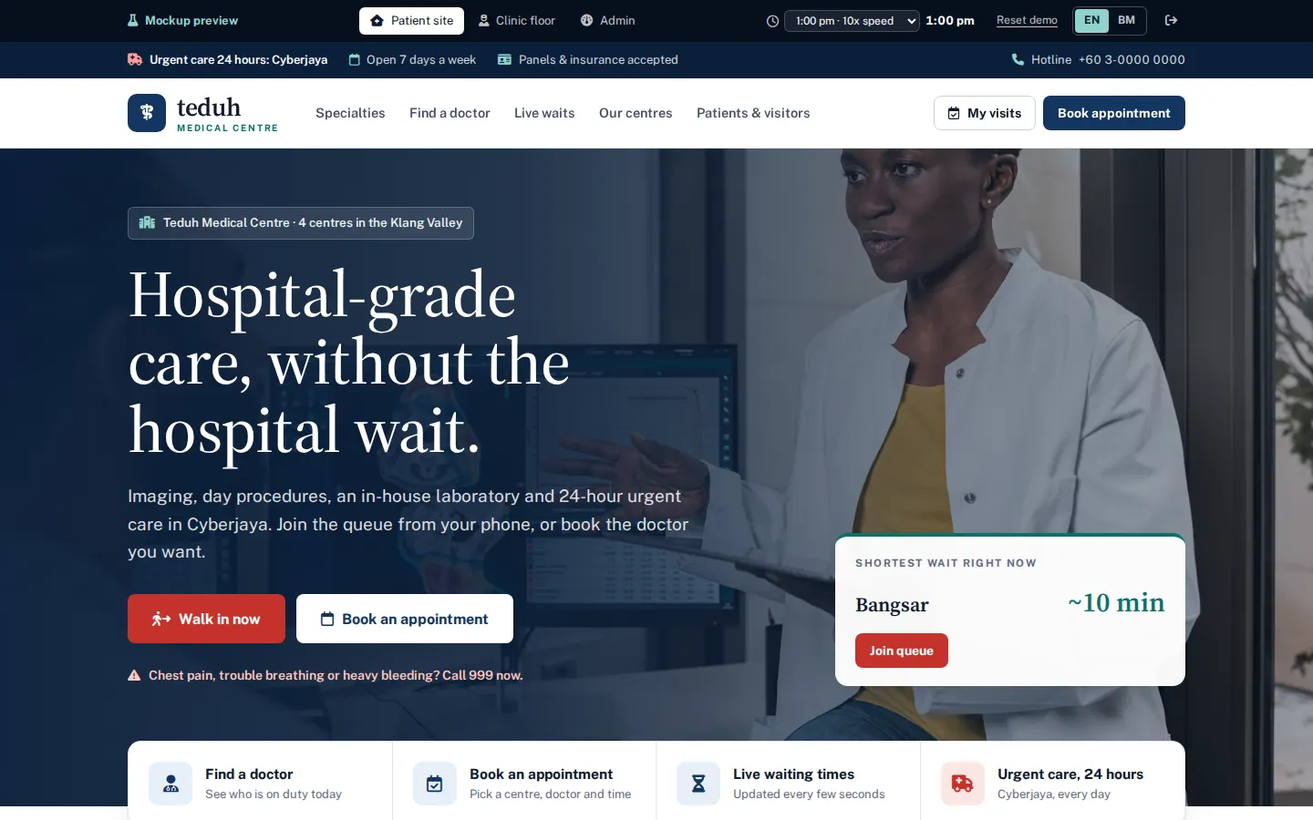 Teduh medical centre site: Hospital-grade care headline over a photo of two doctors, Walk in now and Book an appointment buttons, and the shortest live wait across centres