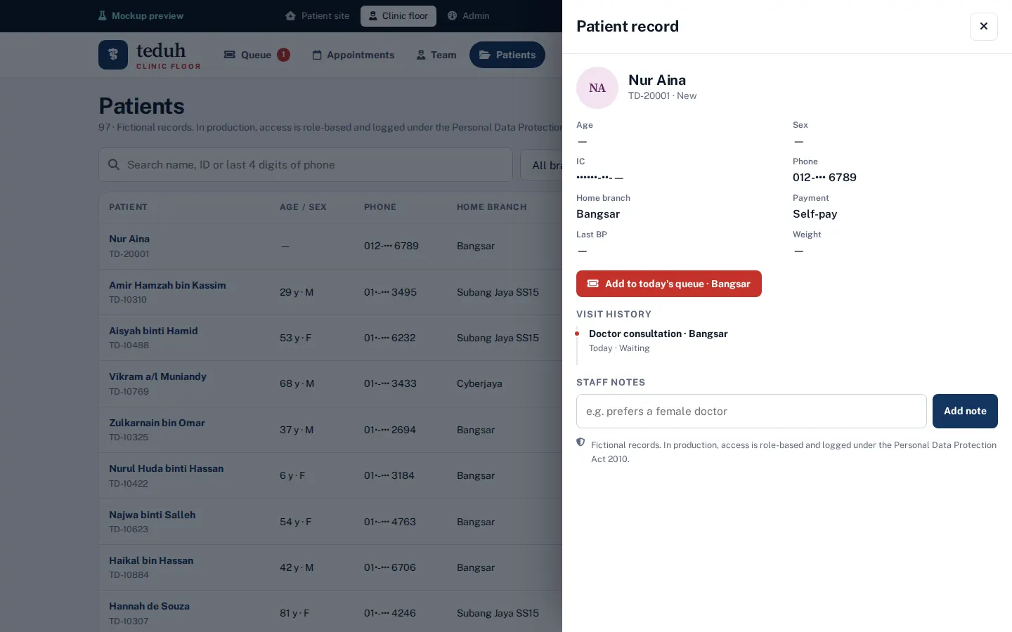 Patient record with details, visit history and staff notes
